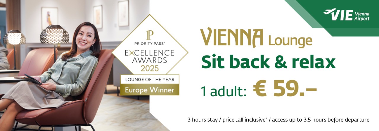 Promotional banner for VIENNA Lounge at Vienna Airport. Price shown: “1 Adult: €59”. Additional info: “3 hours stay / all-inclusive price / access max. 3.5 hours before departure”.