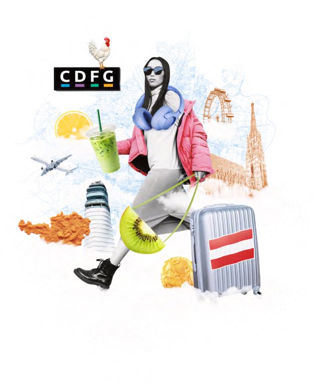 Collage einer Reisenden mit Koffer in Österreich-Design, umgeben von Wiener Wahrzeichen, Flugzeug, Kopfhörern und österreichischen Spezialitäten.