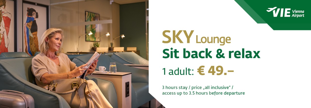 Promotional banner for SKY Lounge at Vienna Airport. Price shown: “1 Adult: €49”. Additional info: “3 hours stay / all-inclusive price / access max. 3.5 hours before departure”.