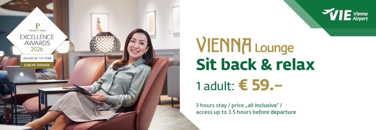 Promotional banner for VIENNA Lounge at Vienna Airport. Price shown: “1 Adult: €59”. Additional info: “3 hours stay / all-inclusive price / access max. 3.5 hours before departure”.