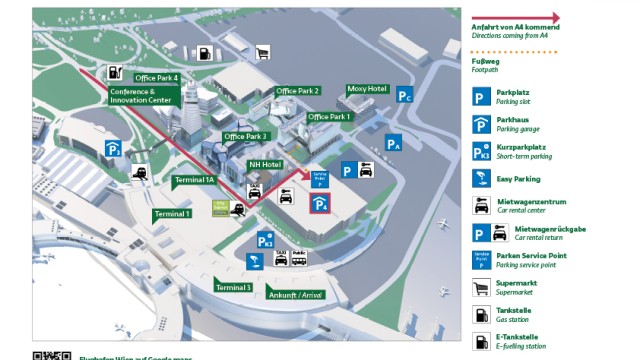 Lageplan des Flughafens Wien mit Terminals, Parkplätzen, Hotels und Fußwegen.